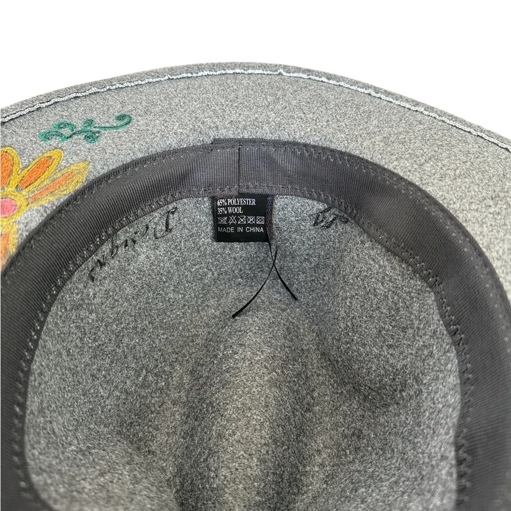 Hand-Painted Wool Fedora Hat | Floral & Bee Design | Artist Signed | NWOT